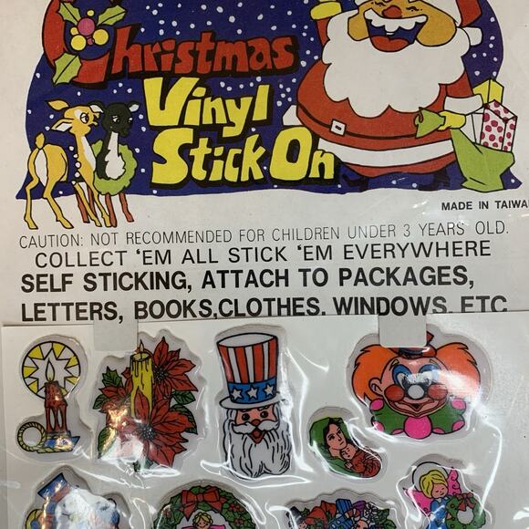 Vintage Christmas Vinyl Stick On Puffy Stickers Made in Taiwan 12 Count NOS - Picture 5 of 5